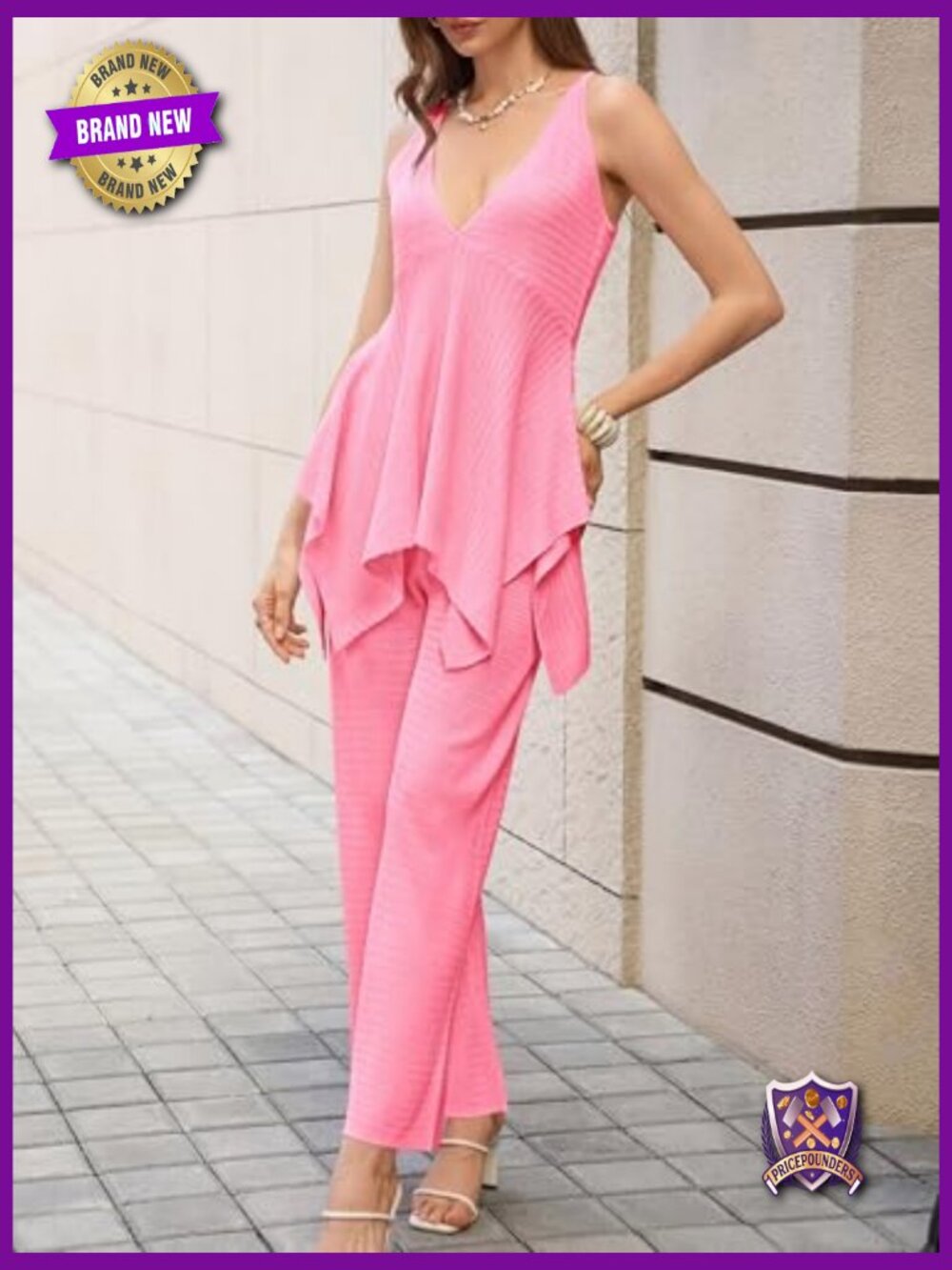 2 Piece Knit Sets Summer Outfits Deep V Neck Flowy Tank Wide Leg Pants Matching - Picture 4 of 6